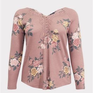 EUC Torrid Waffle Knit Lace Trim Henley Long Sleeve Tee